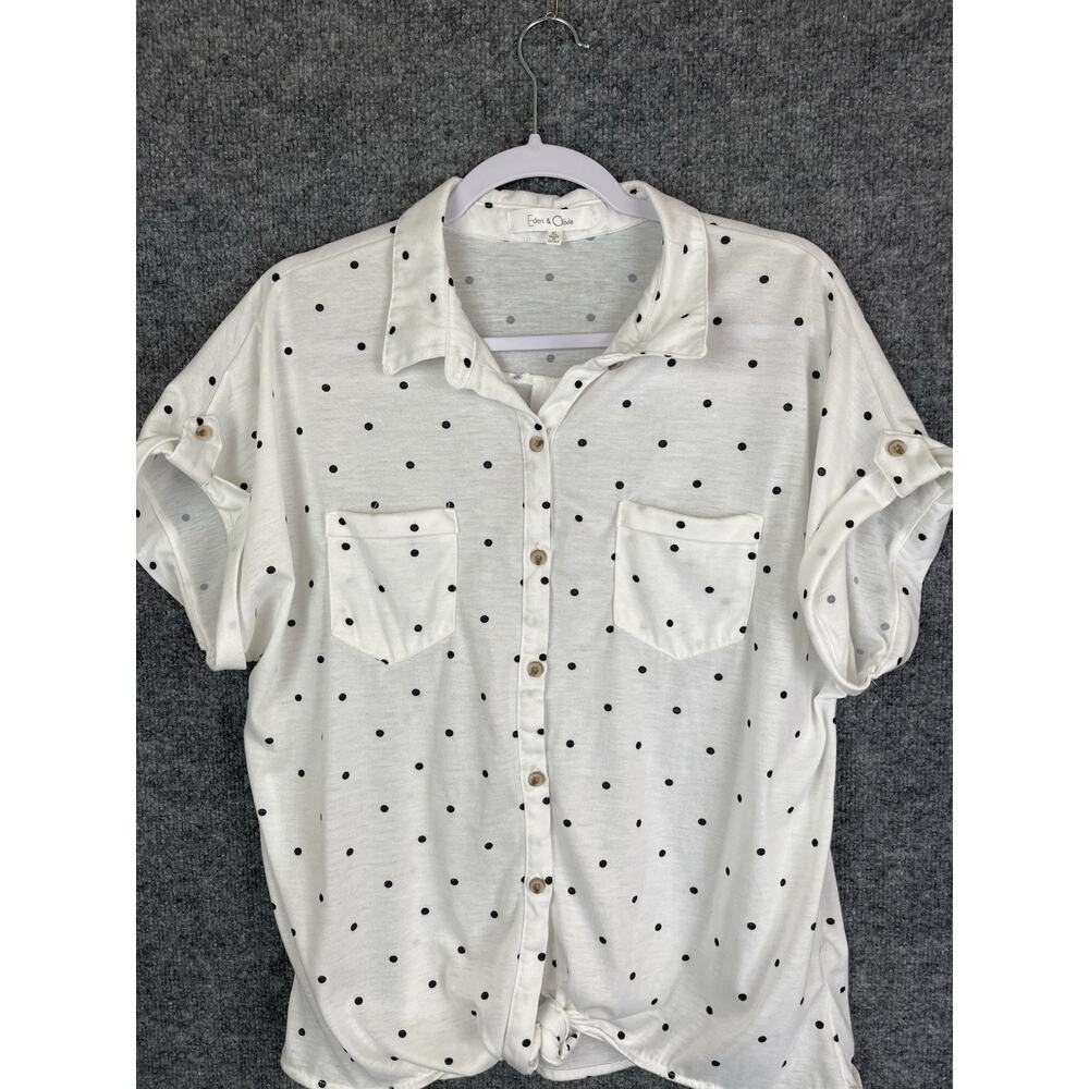 Eden & Olivia Top Women's XL White Black Poka dots Dutton Down Tye Waist - Picture 2 of 9